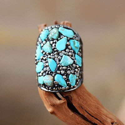 Bague bohème "Protection de l'Âme" avec Hématite et Turquoise