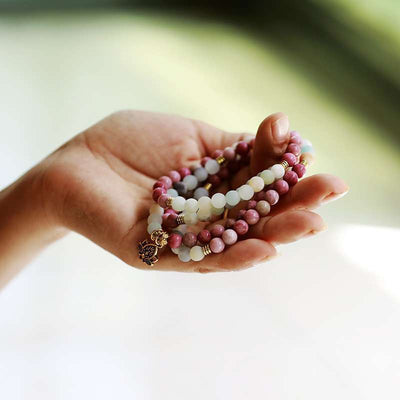 Mala 108 perles avec amazonite, rhodonite et fleur de lotus