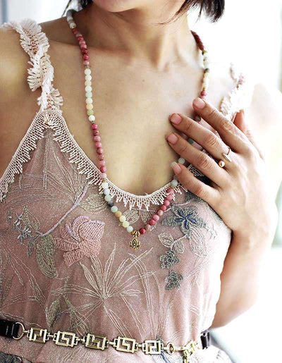 Mala 108 perles avec amazonite, rhodonite et fleur de lotus