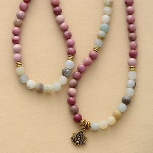 Mala 108 perles avec amazonite, rhodonite et fleur de lotus