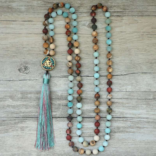 Collar Japa Mala de 108 cuentas del Nepal con amazonita y turquesa roja