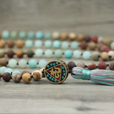 Mala de 108 perles en amazonite et turquoise rouge