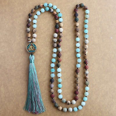 Mala de 108 perles en amazonite et turquoise rouge