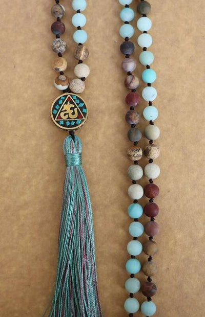 Mala de 108 perles en amazonite et turquoise rouge