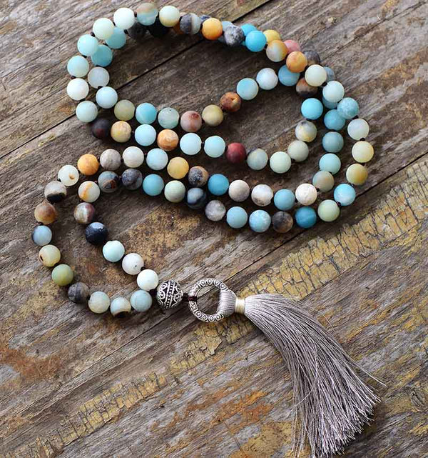 Collier tibétain en amazonite, agate et jaspe