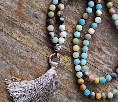 Collier tibétain en amazonite, agate et jaspe