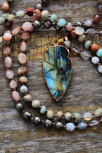 Collier de perles en labradorite, jaspe, quartz et agate