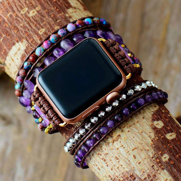 Correa Apple Watch boho con piedras de amatista y jaspe (5 vueltas)