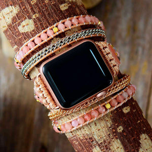 Correa Apple Watch gypsy rosada con piedras de jade (5 vueltas)