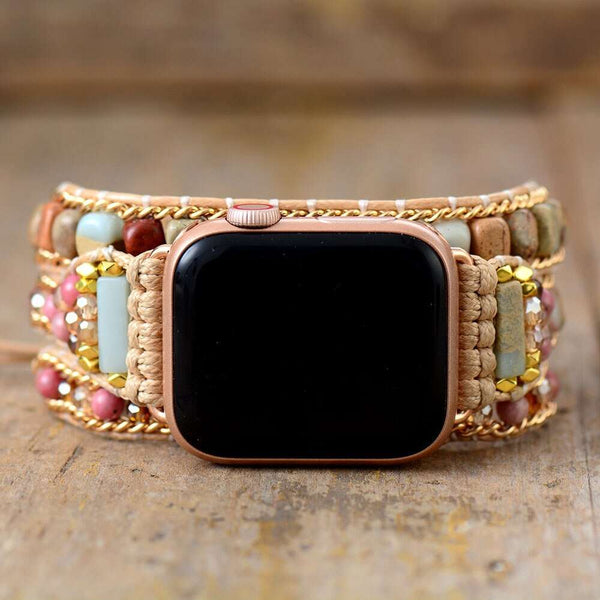 Correa Apple Watch bohemia con piedras de rodonita y jaspe (3 vueltas)